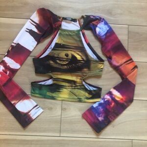 RAD festival shirt! Colorful Eye Print Long Sleeve Crop with cut outs